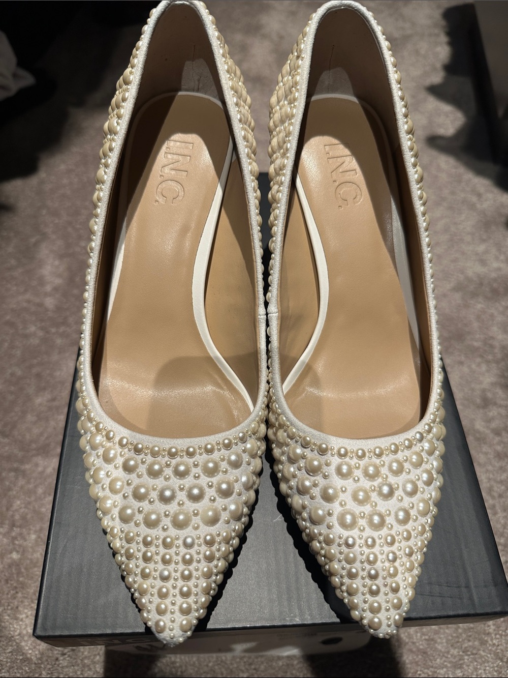 INC International Concepts Pearl-Embellished Pointed Pumps in Ivory